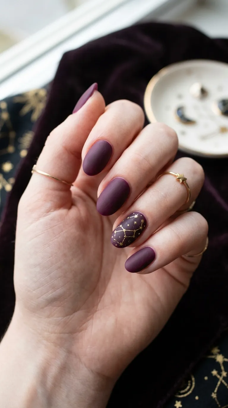 Plum nail art with constellation