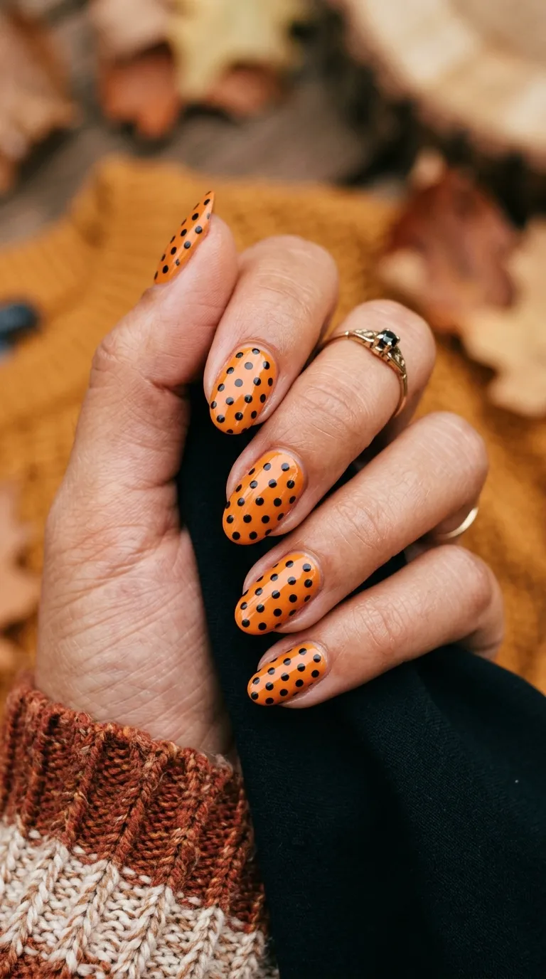 retro halloween nails with black and orange polka dot pattern, 60s style