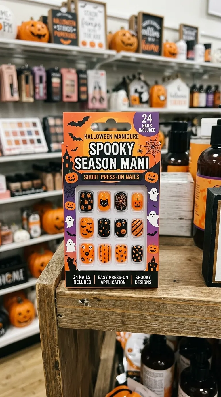 short halloween nails press-on packaging with orange and black designs