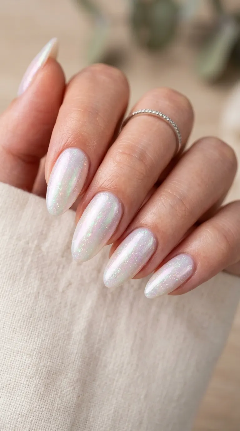 October birthstone nails in a white opal-inspired iridescent shimmer