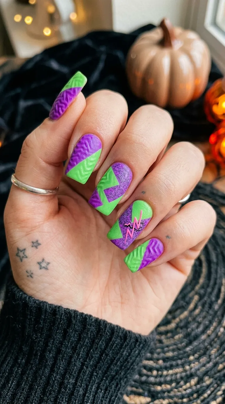 retro halloween nails with purple and green color block, 80s design