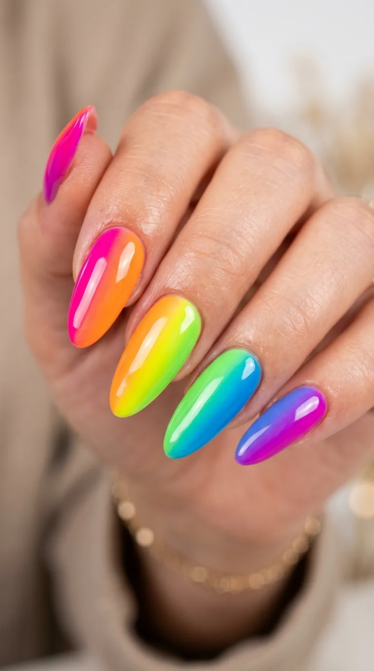 Finished glossy rainbow neon nail set close up shine detail saturation