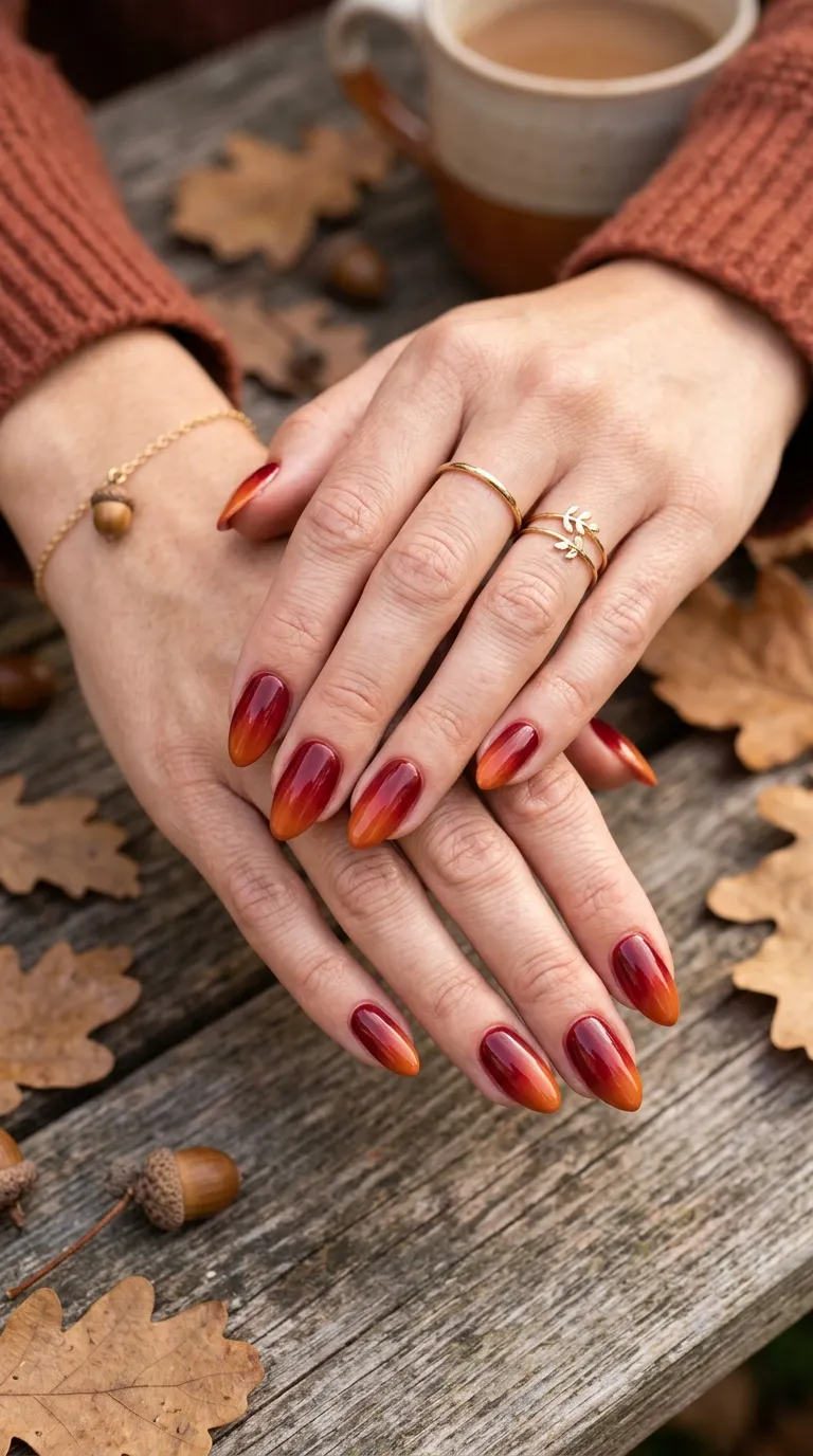 Thanksgiving nails in a deep red-to-orange harvest ombre on almond nails