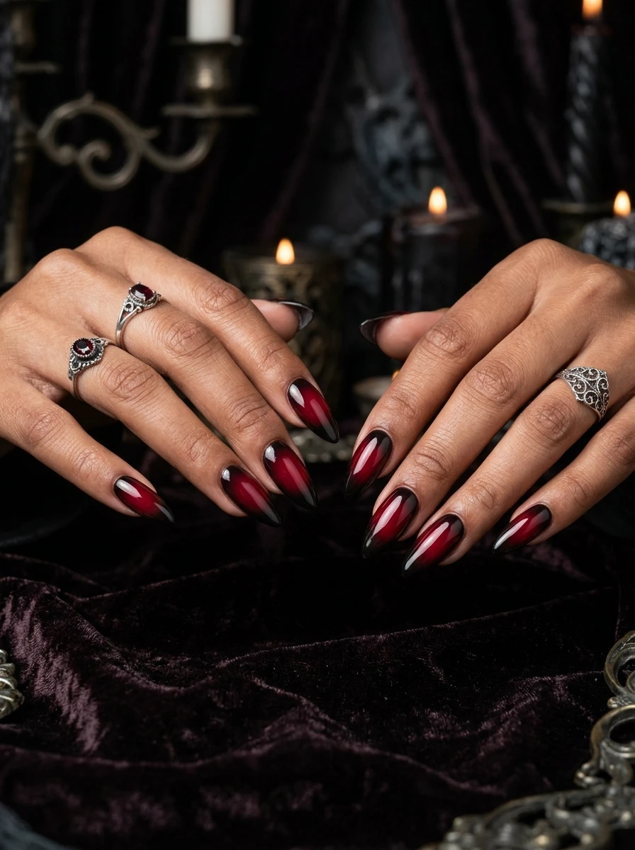 Nails with a blood-drip style nail art design