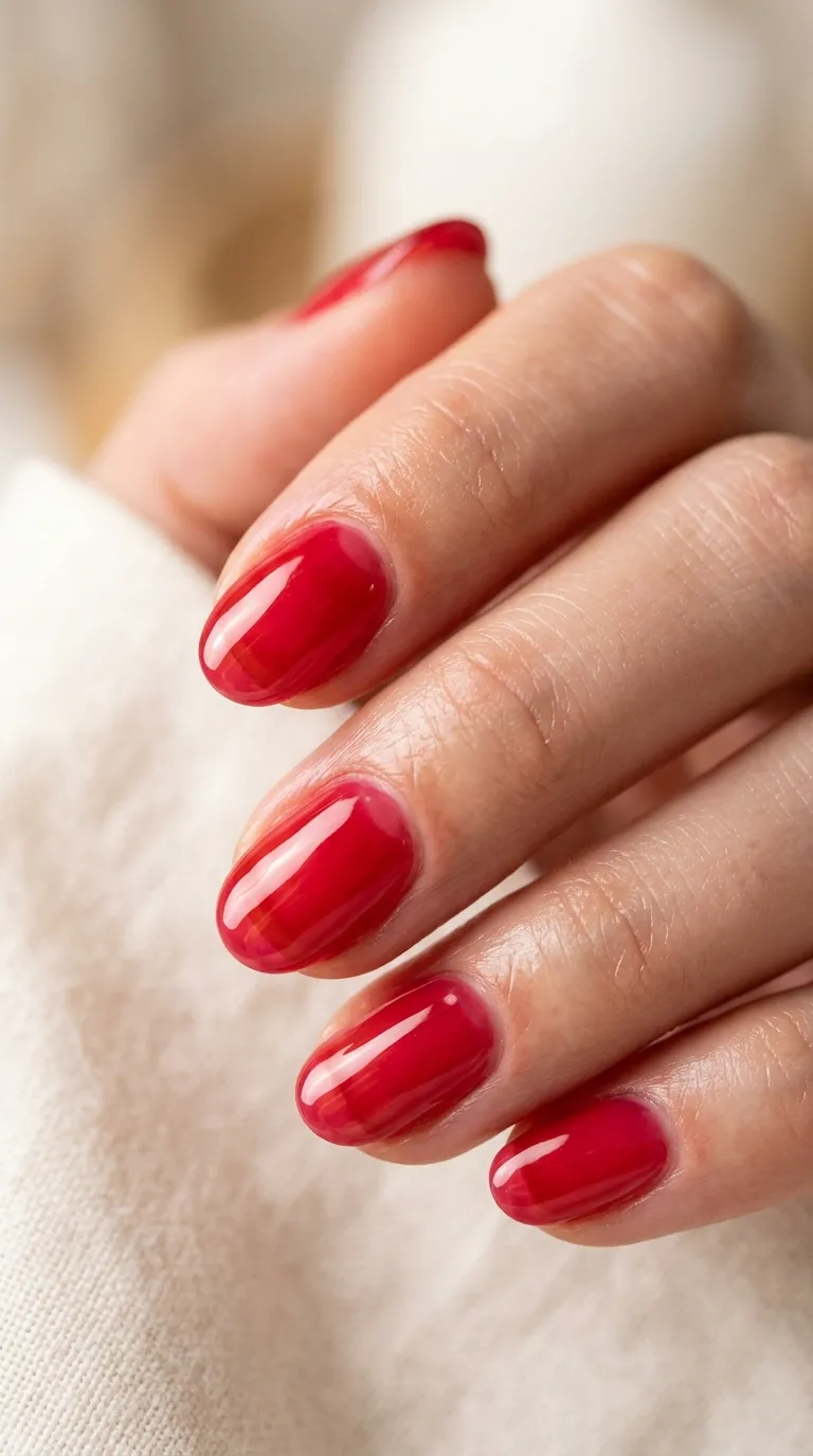 Translucent red jelly polish nails glossy candy like finish light 90s nail trends