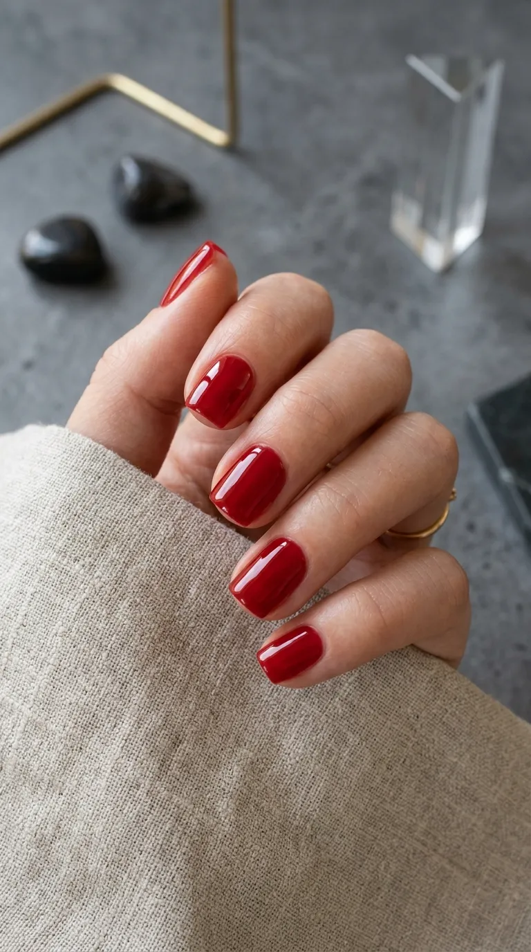 Finished modern manicure jelly red short square nails glossy