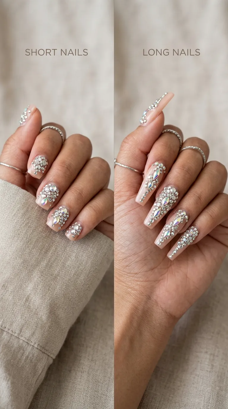 Comparison bling rhinestone placement short nails vs long nails side by side bling nail designs