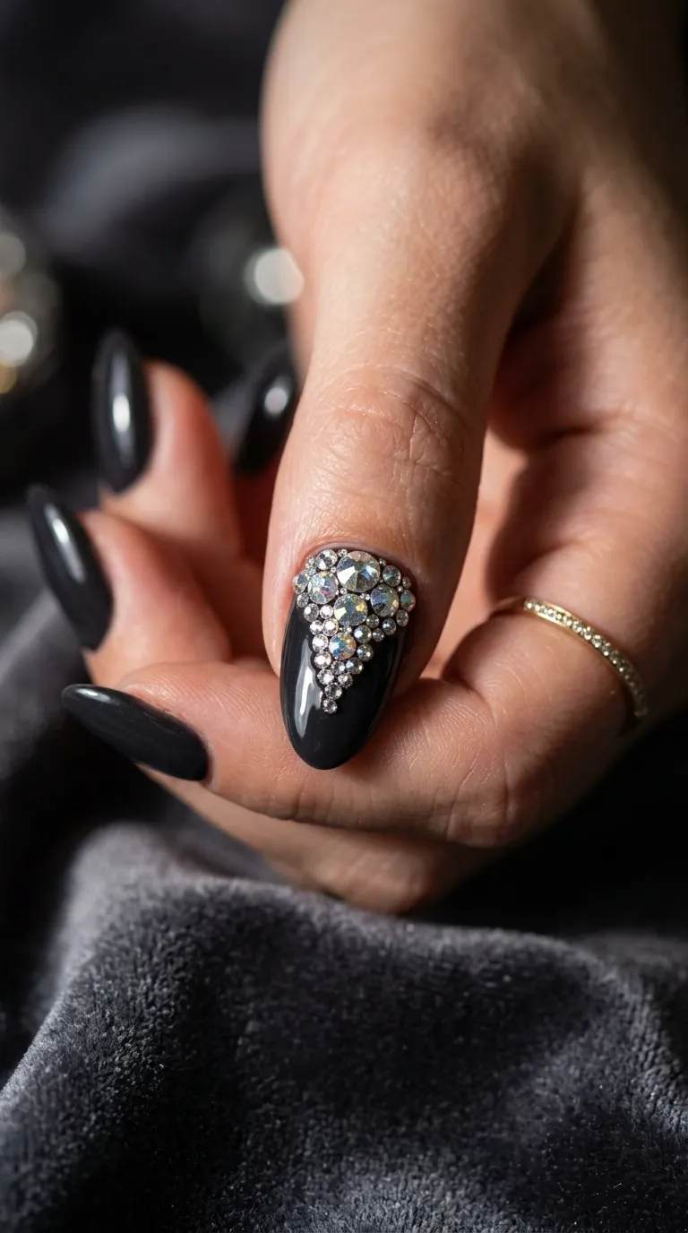 Rhinestones clustered cuticle base accent nail graduated size bling nail designs