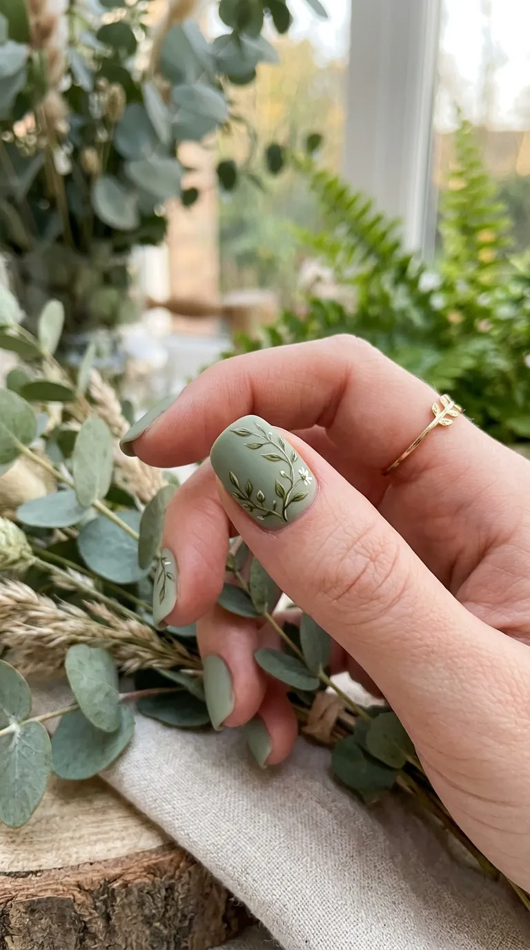 Cottagecore nails in sage green with a hand-painted vine accent