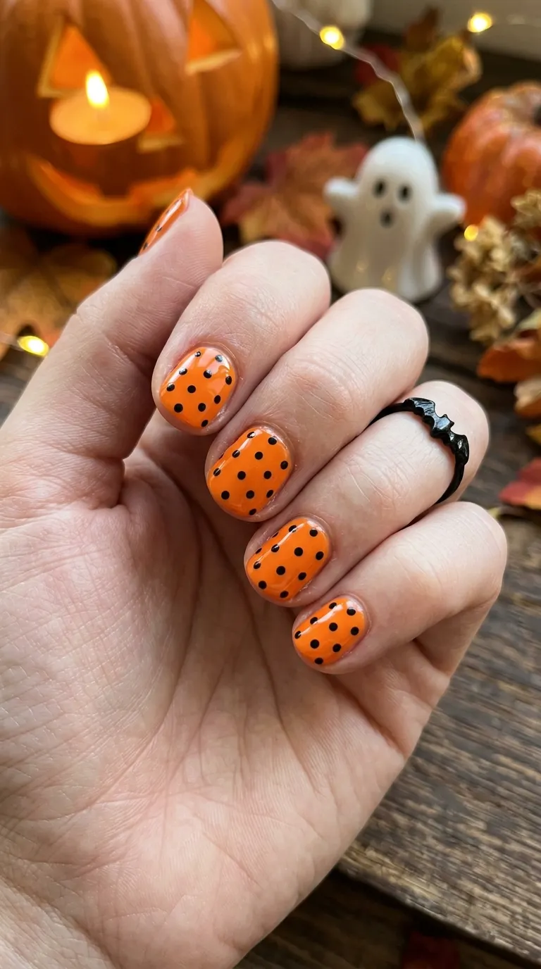 short halloween nails with tiny black polka dots on orange base