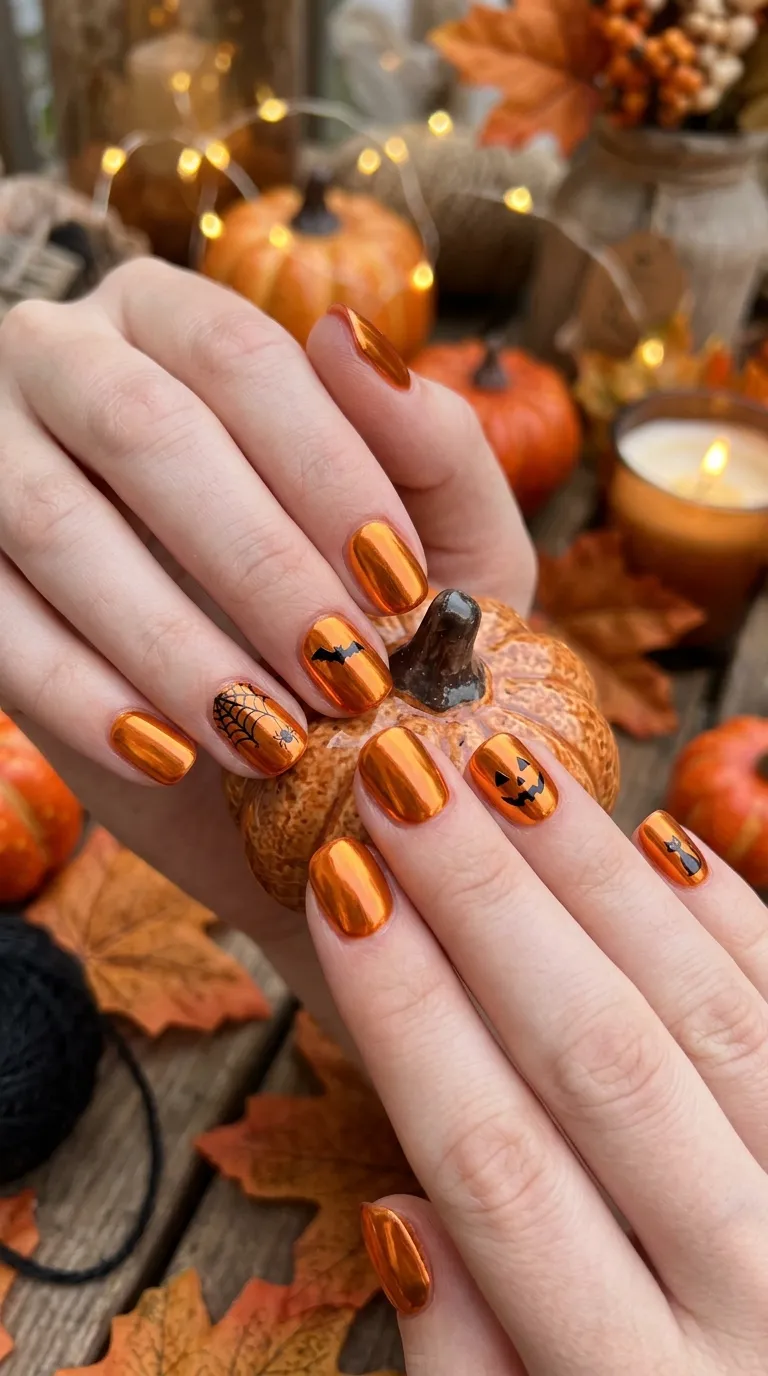 short halloween nails with orange chrome powder finish, close-up