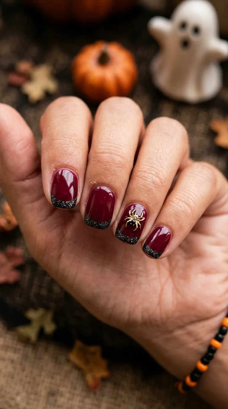 short halloween nails with fine black glitter tip on burgundy base