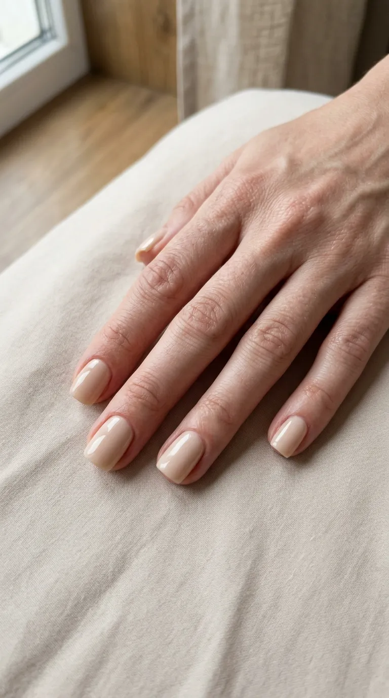 Squoval short nails nude cream polish hand resting light surface
