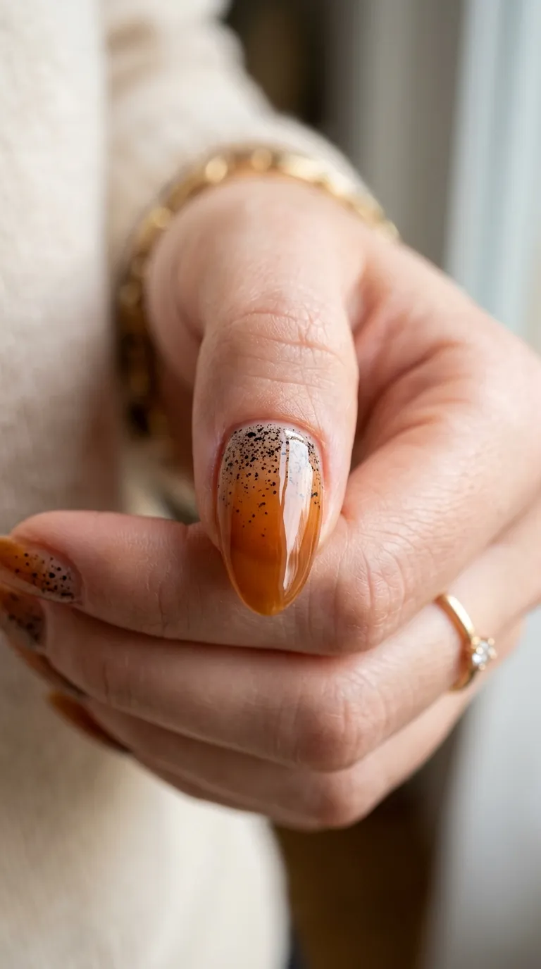 Tortoiseshell nails with an amber base and fine black speckling near the cuticle
