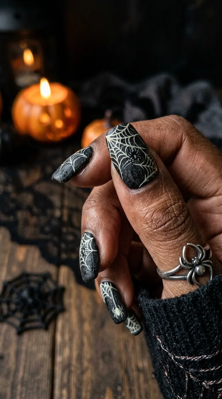 spooky nails with detailed cobweb design over dark uneven black base
