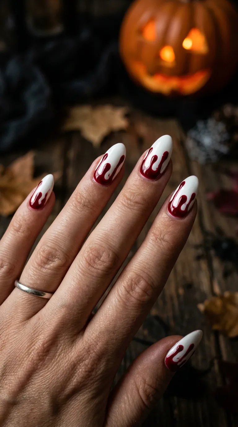 spooky nails with red blood drip design over white base