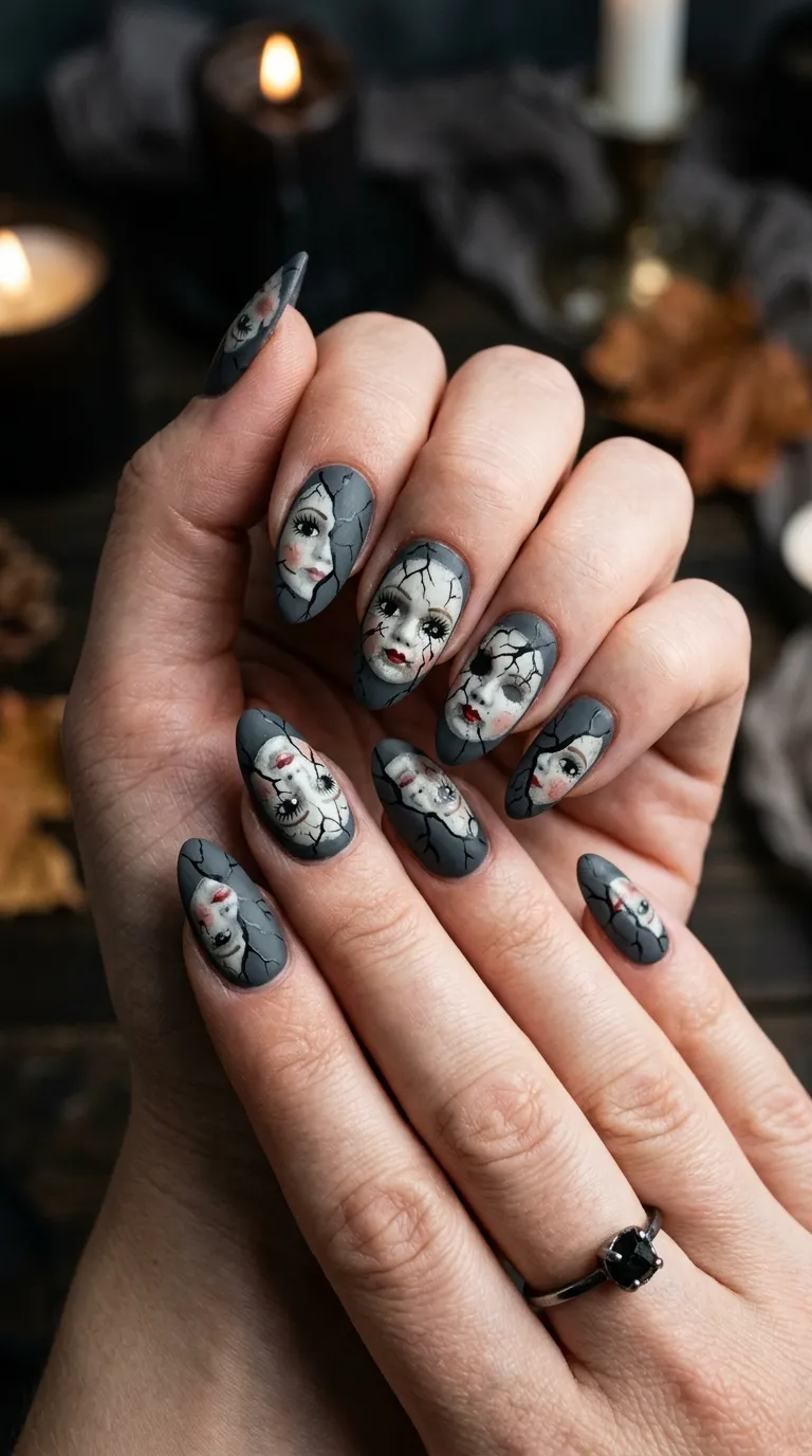 spooky nails, dark grey with cracked-porcelain doll-face design
