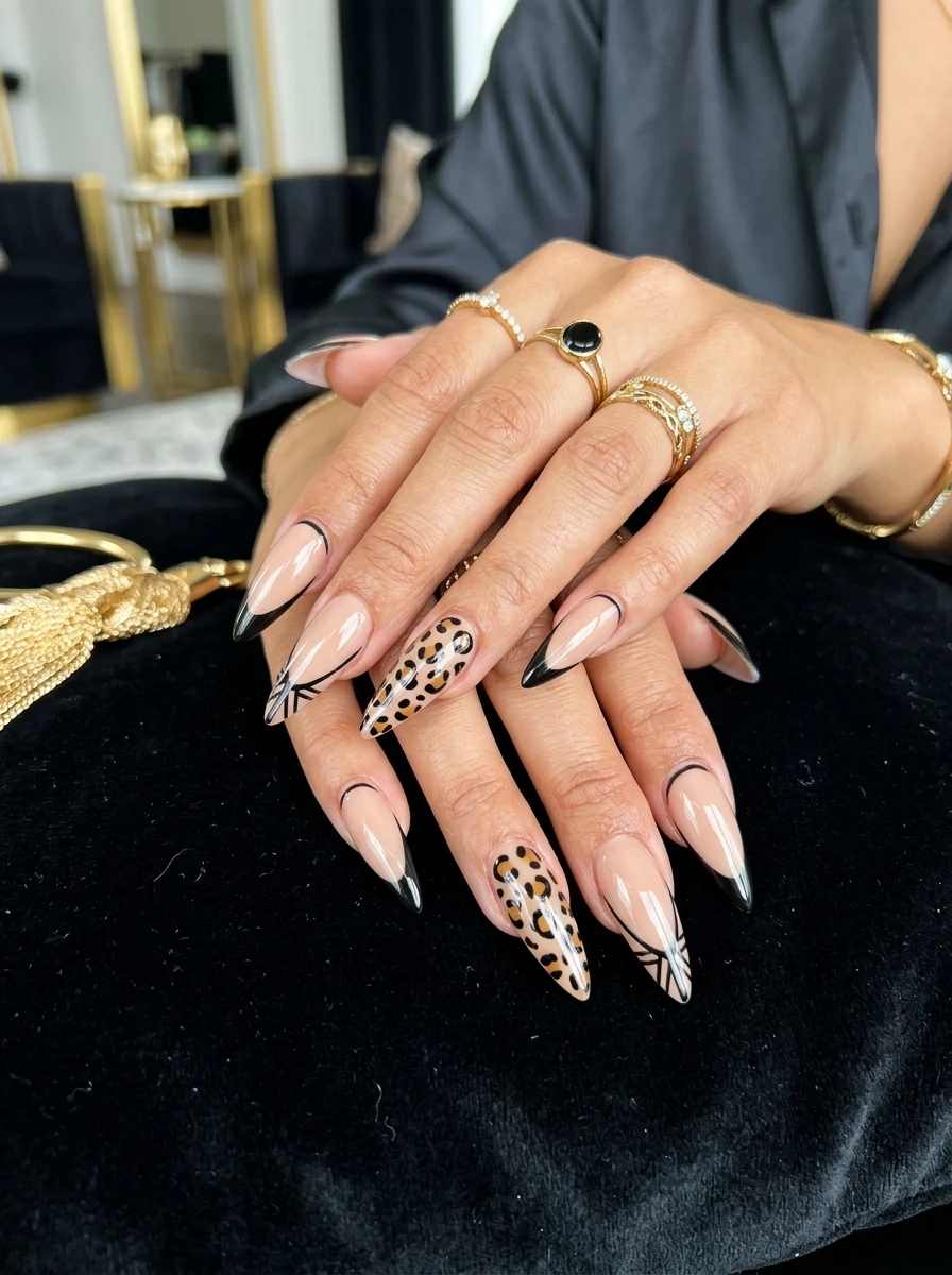 Almond nails in deep olive with a snake-print accent nail
