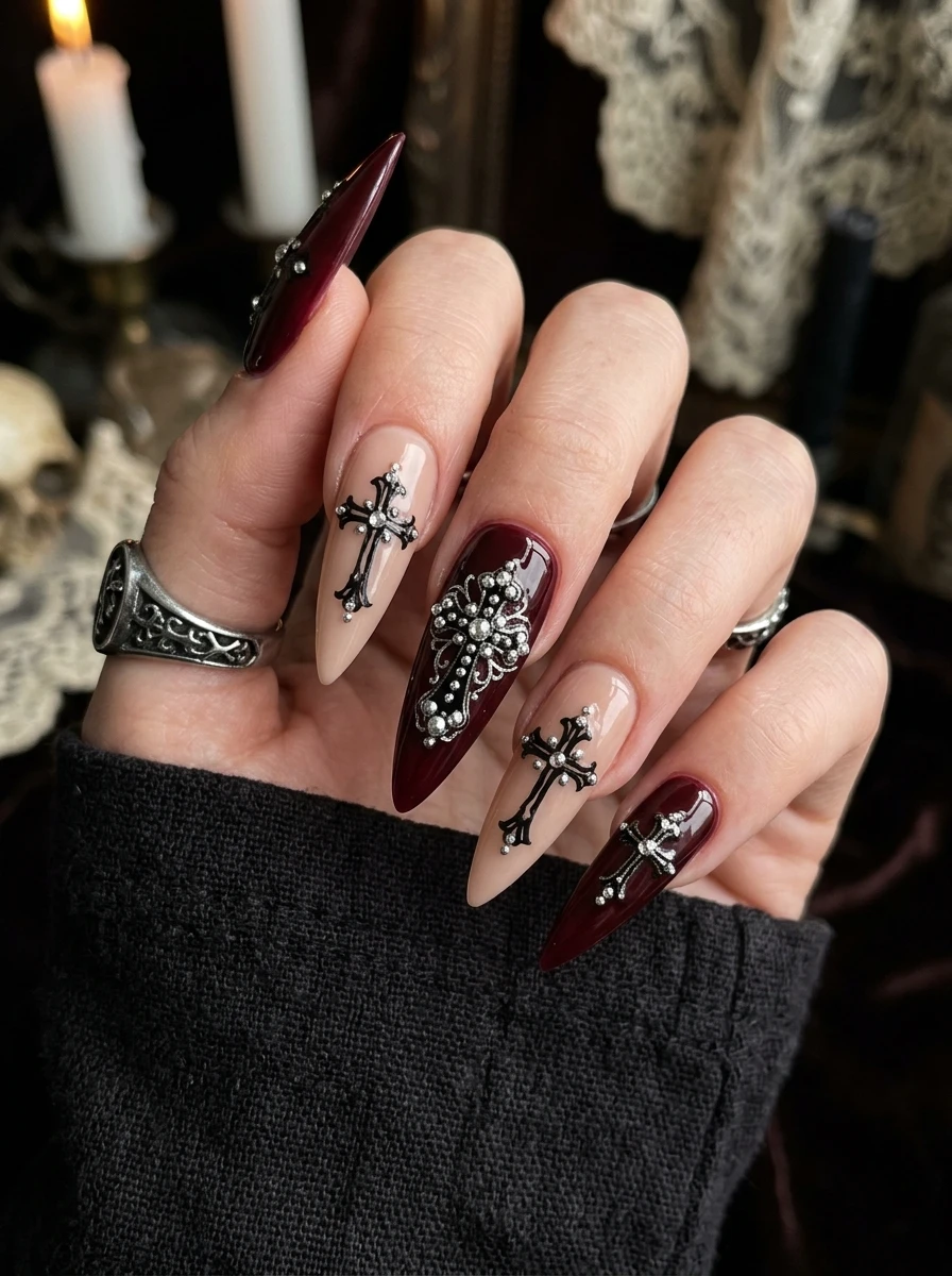 Nails with a red marble base and fine black vein detail