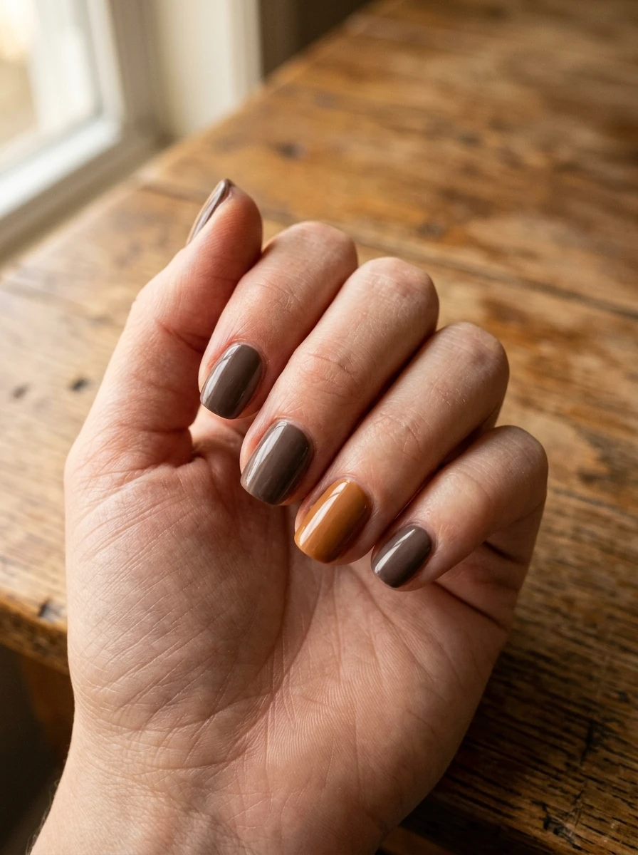 Short squoval nails in warm taupe and caramel polish