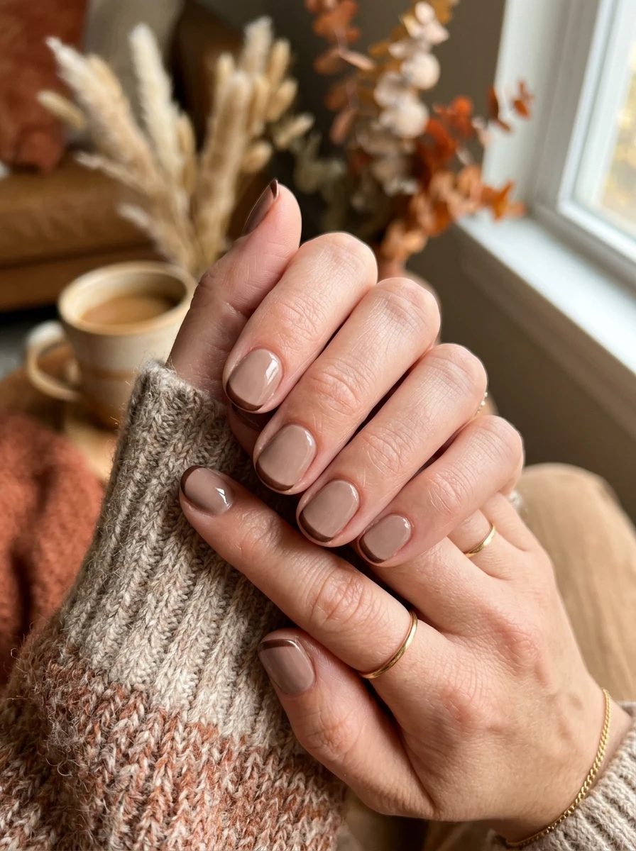 Short nails with a warm-brown single cuticle line accent
