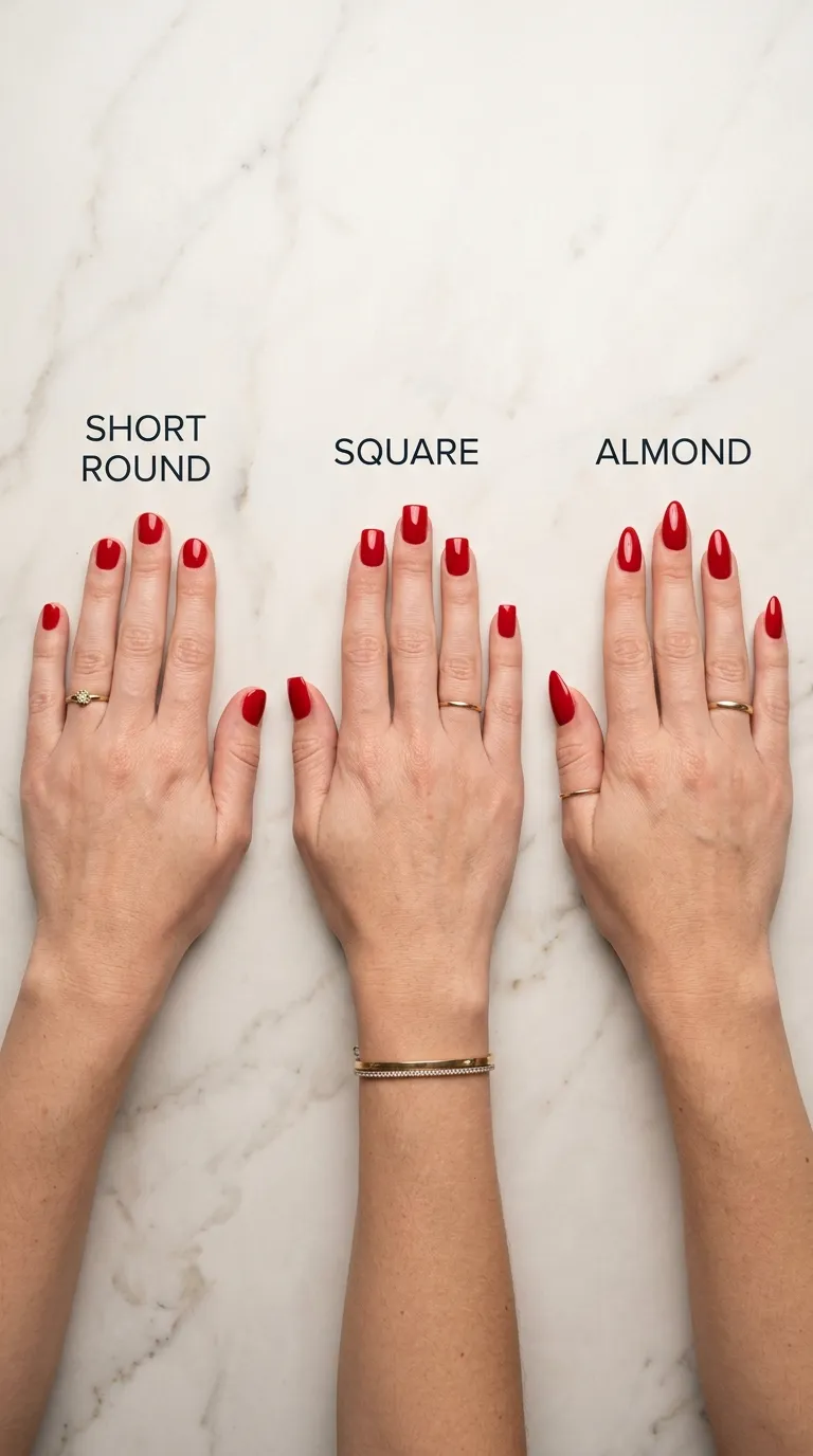 Christmas nails 2026 by shape &mdash; short, square, and almond compared side by side