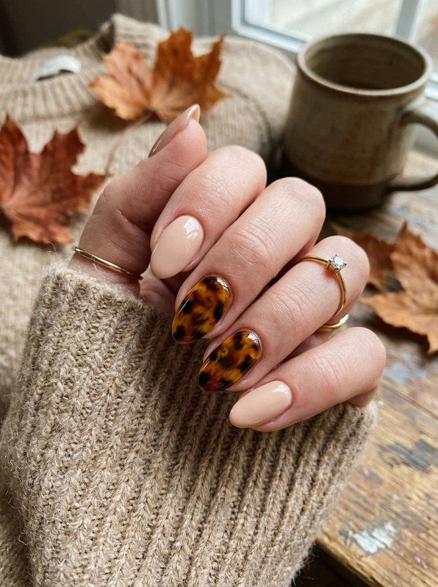 Short nails with a shimmer-fleck sheer wash finish