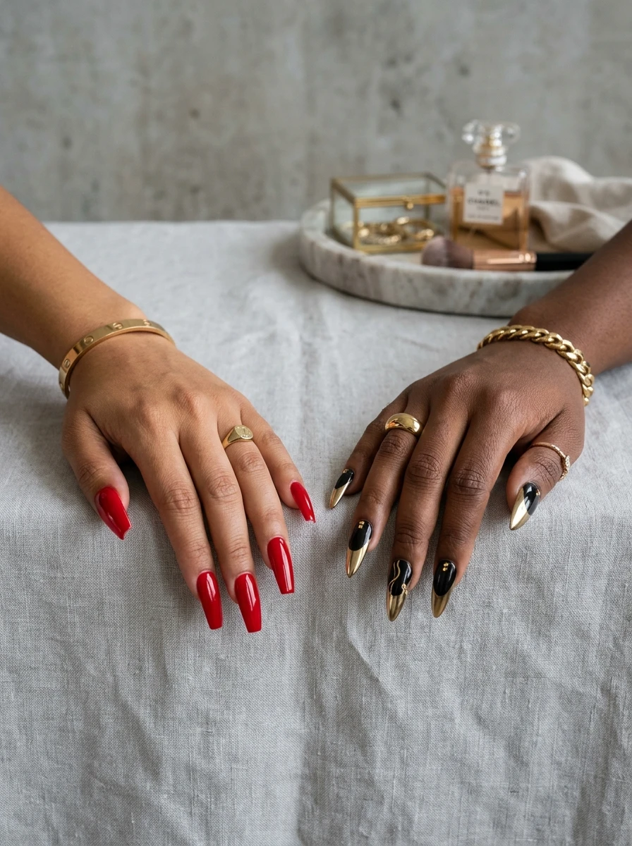 Two hands showing a range of baddie manicure styles together