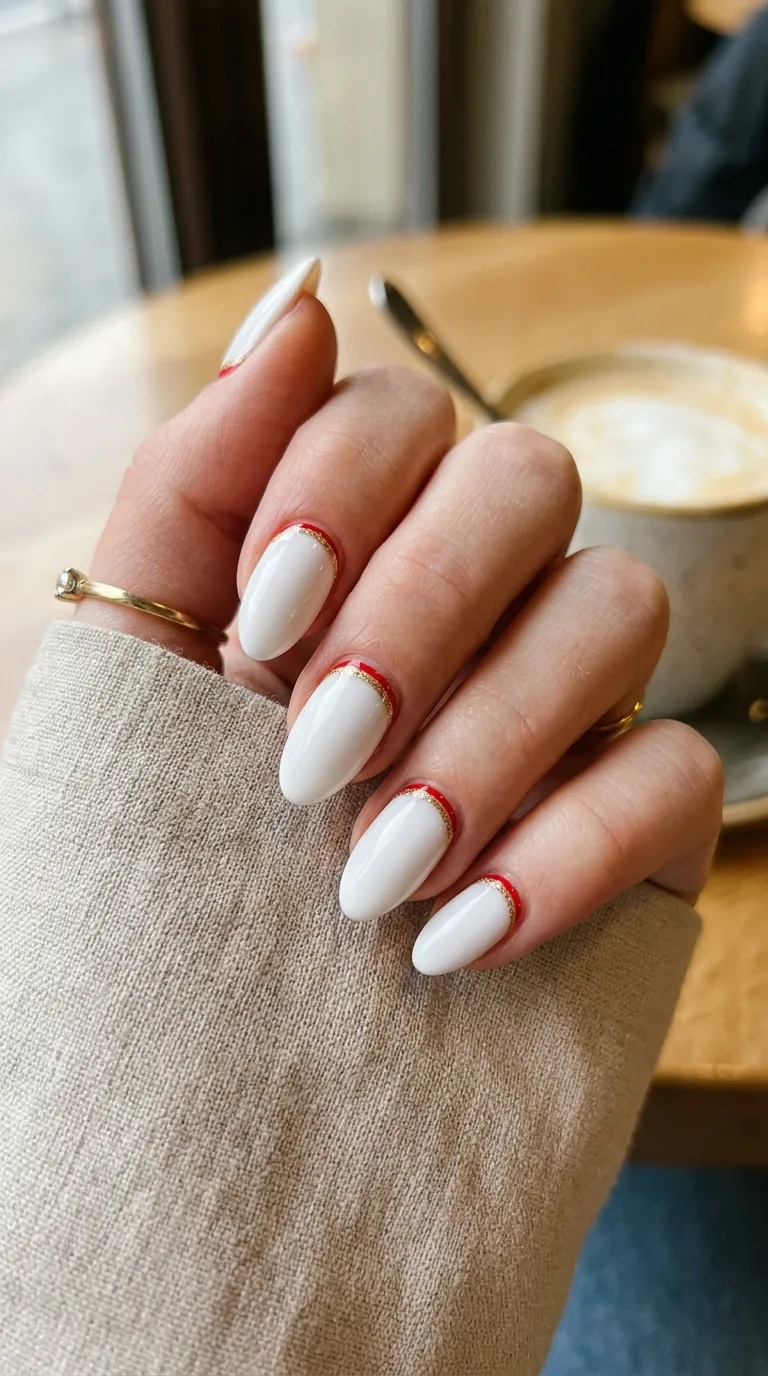 White base red-and-gold trim nails