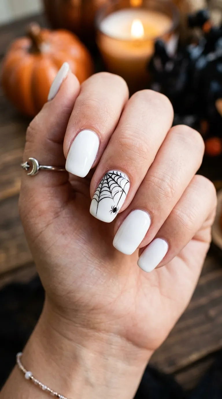 Simple Halloween Nails &ndash; white base with thin black spiderweb lines