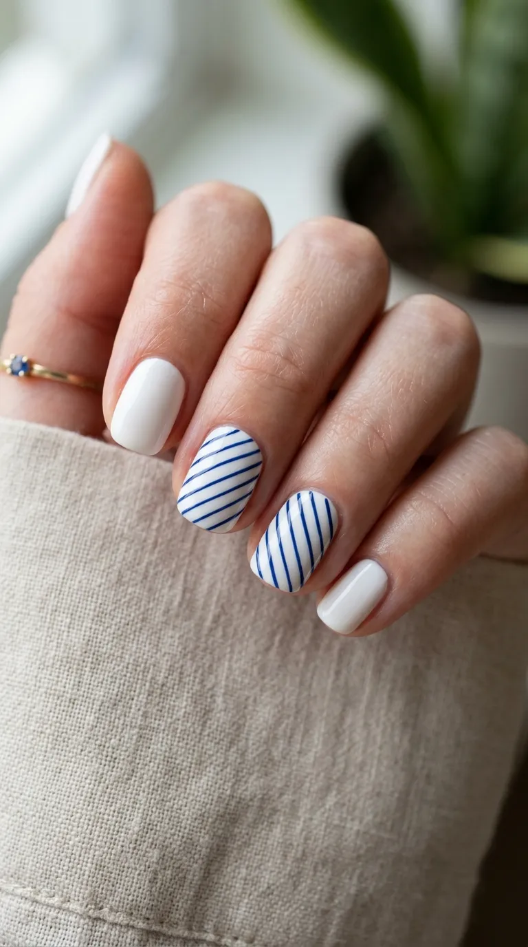 White nails with blue lines