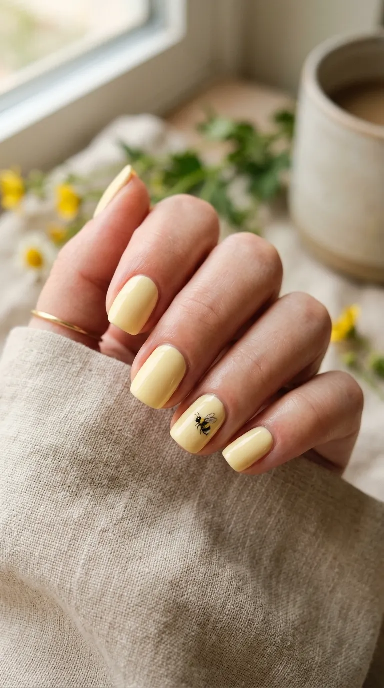Pale yellow cottagecore nails with a tiny hand-painted bumblebee accent