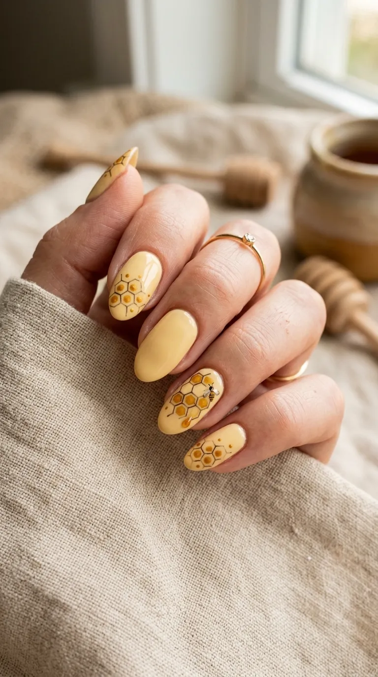 Yellow nails with honeycomb pattern