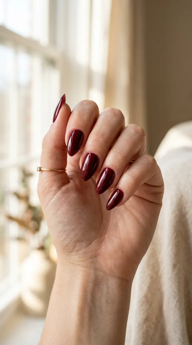Apple orchard nails in deep burgundy apple red with a glossy candy-apple shine