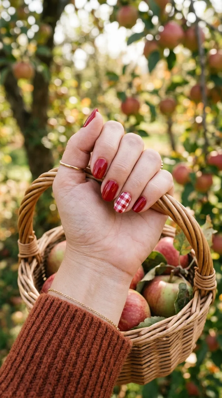 Apple orchard nails with a gingham basket pattern accent