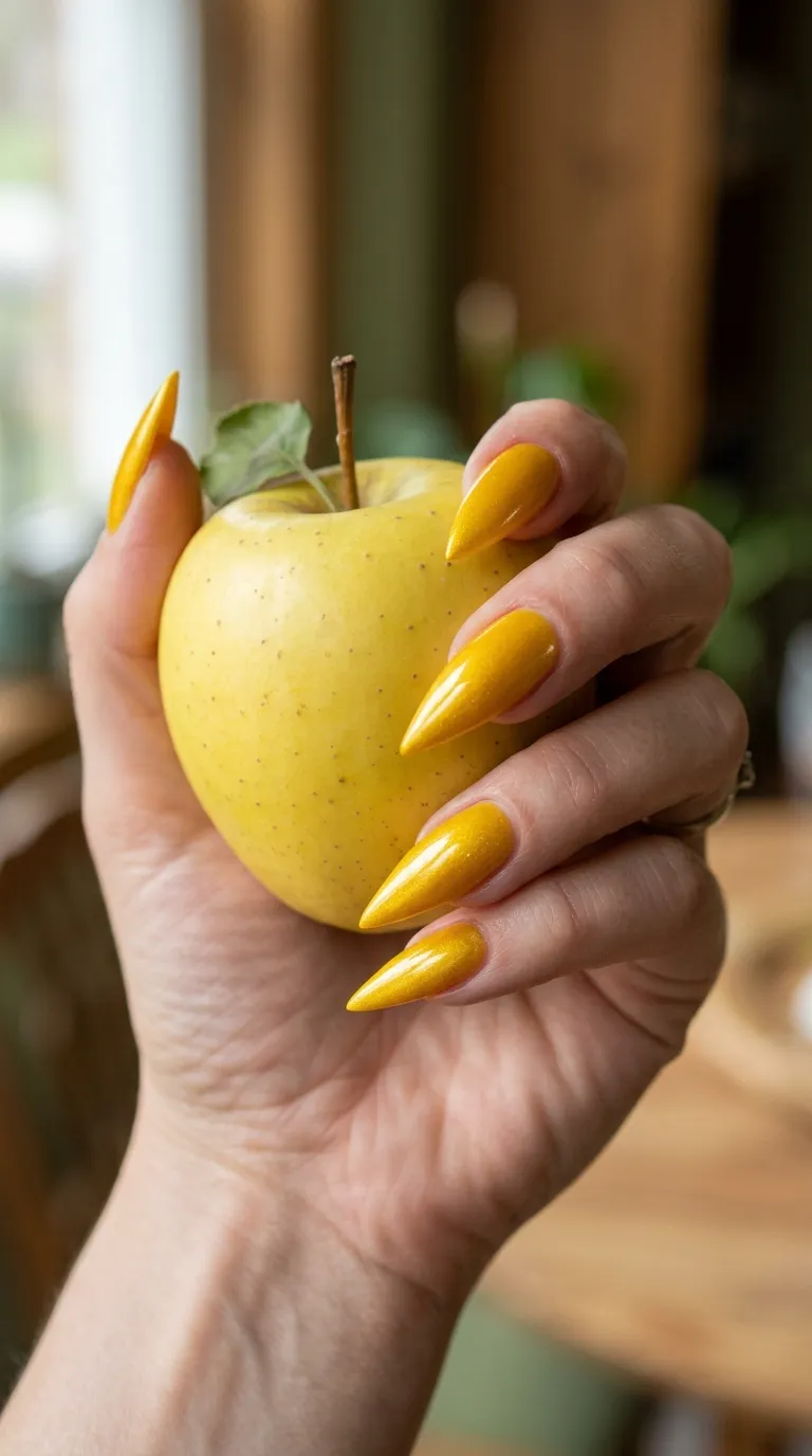 Apple orchard nails in golden yellow for a Golden Delicious themed look