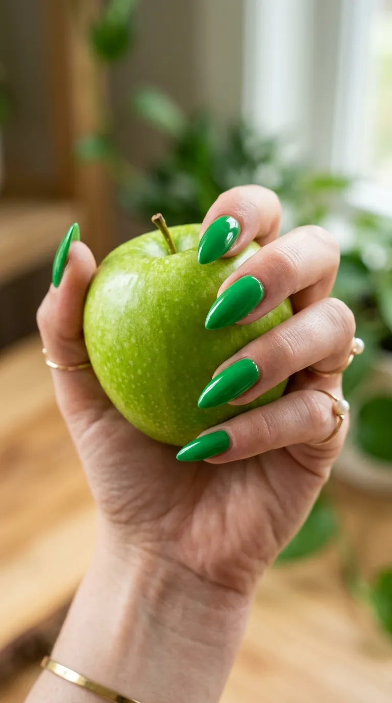 Apple orchard nails in bright green for a Granny Smith themed look