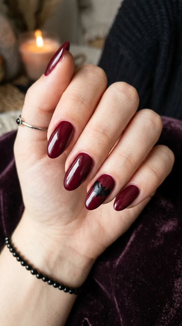 burgundy bat nails with black bat silhouette accent
