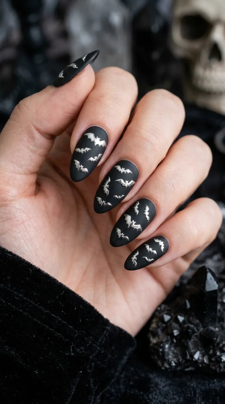 chrome silver bats scattered on matte black bat nails