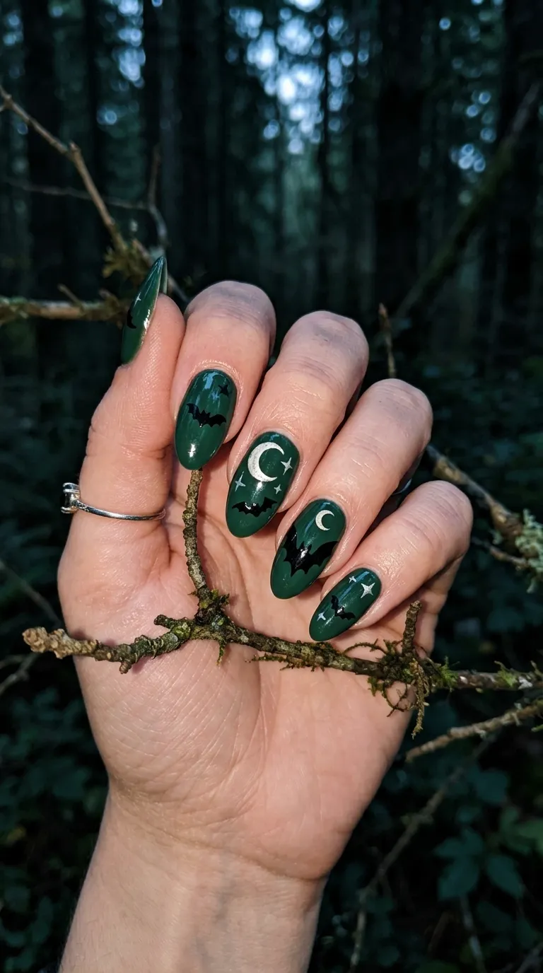 deep forest green bat nails with black bat silhouette and moon
