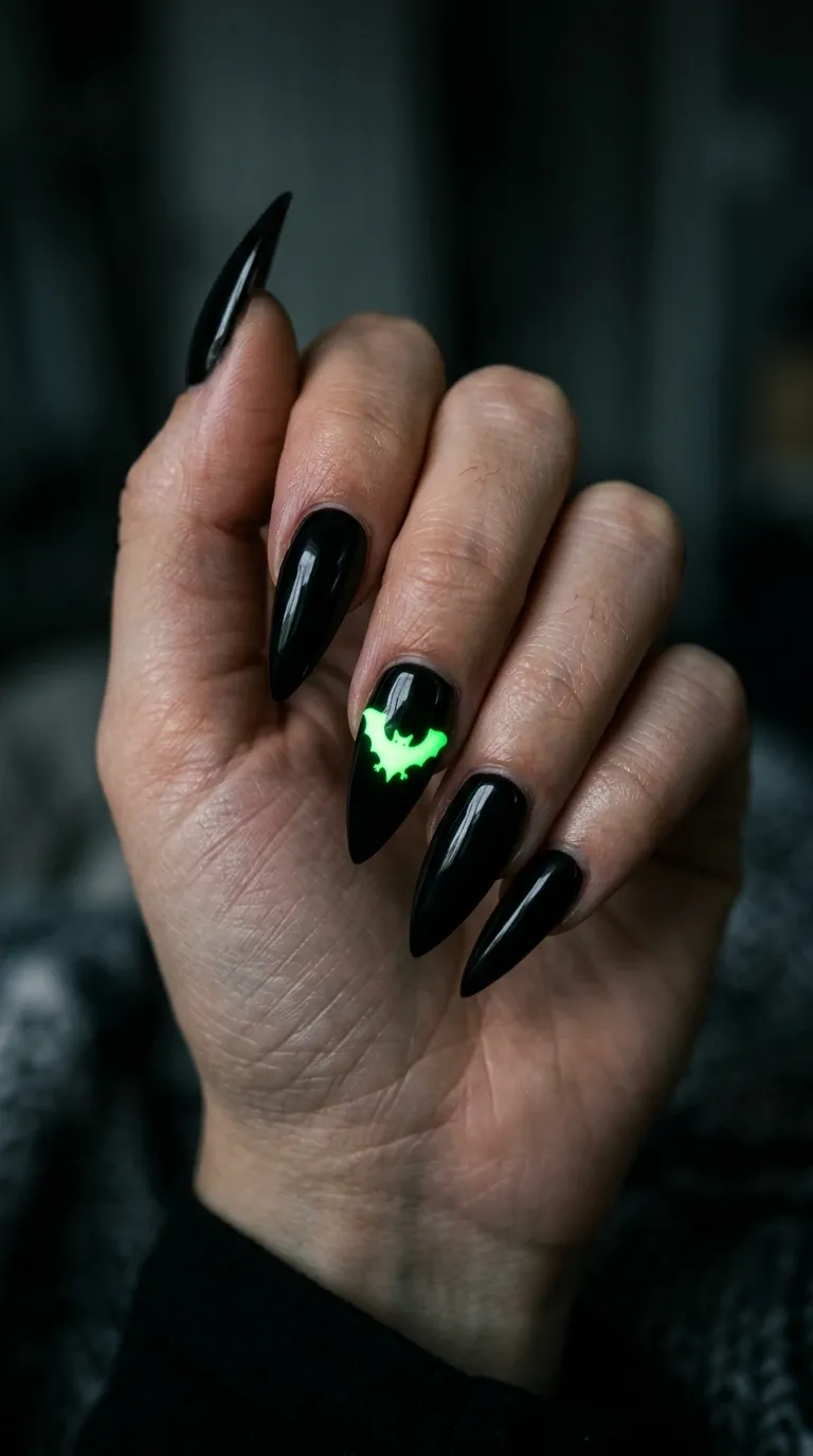 black nails with glow-in-the-dark green bat silhouette accent