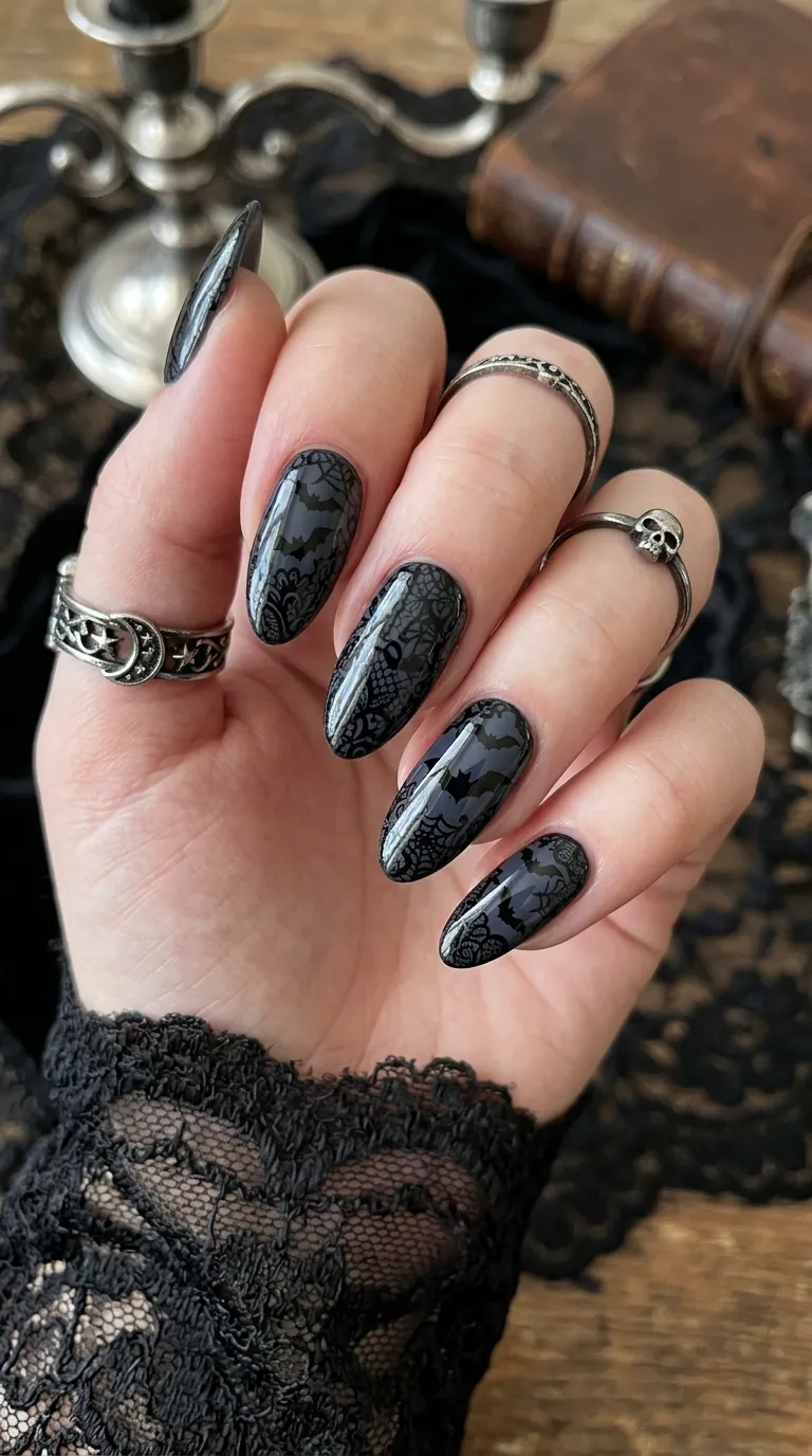 gothic lace pattern bat nails with bat silhouette overlay