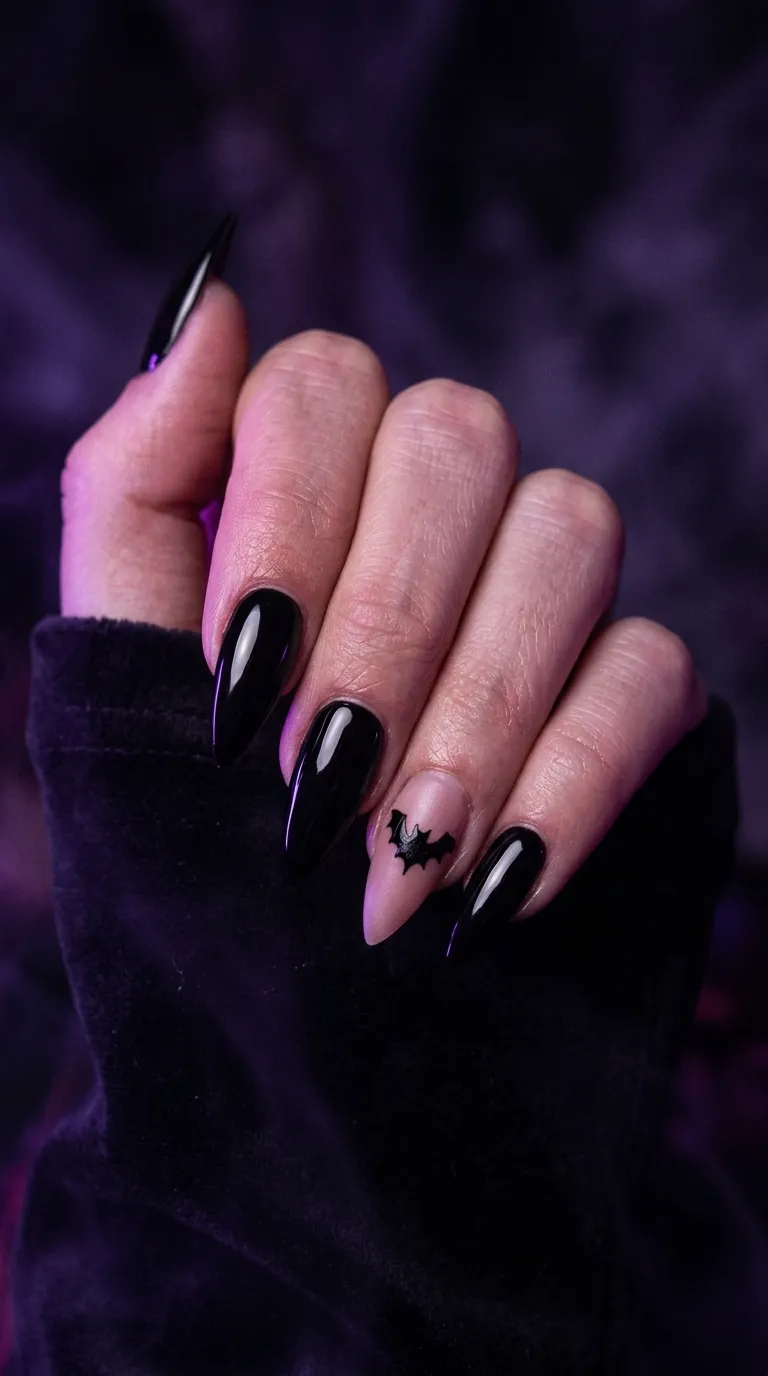 Bat Nails &ndash; hero black nails with bat silhouette accent art