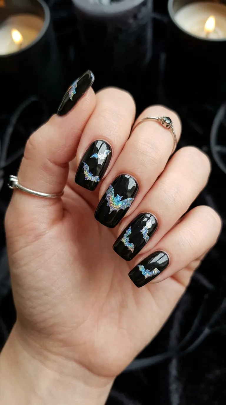 holographic bat silhouette bat nails on jet black base