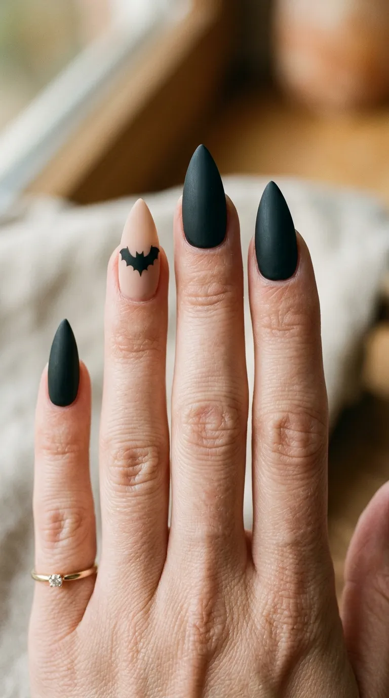 matte black nails with one bat-silhouette accent nail