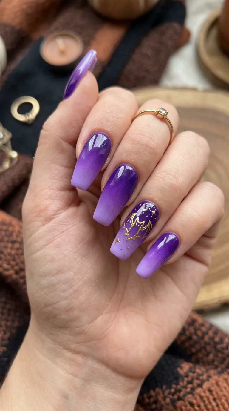 purple ombre bat nails with gold bat outline accent