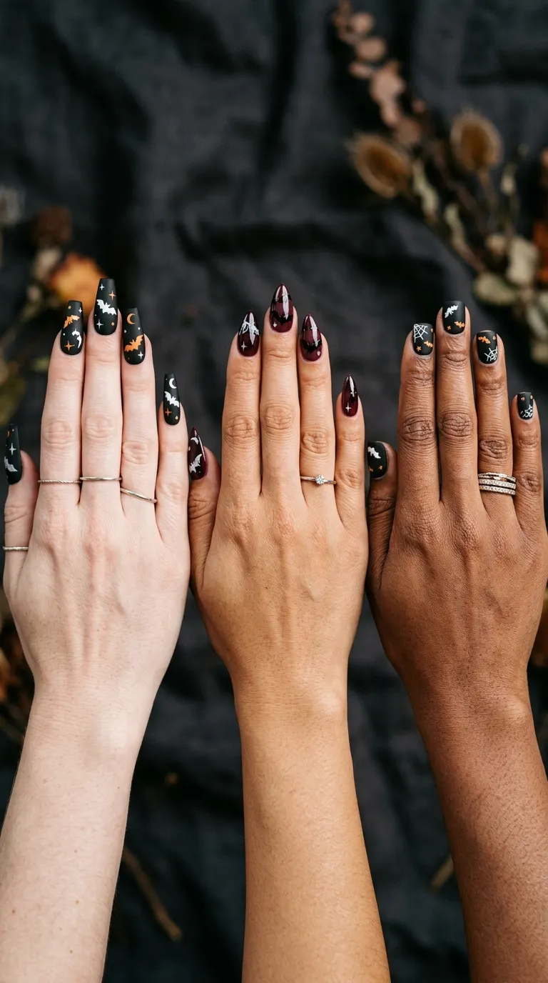 side-by-side bat nail art on coffin almond and short square nail shapes
