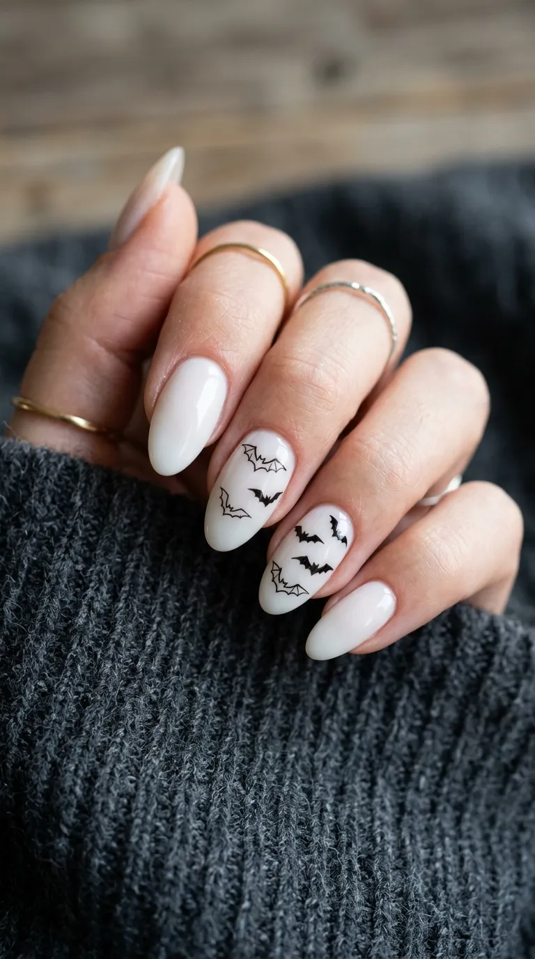 milky white bat nails with tiny black bat line-art accent