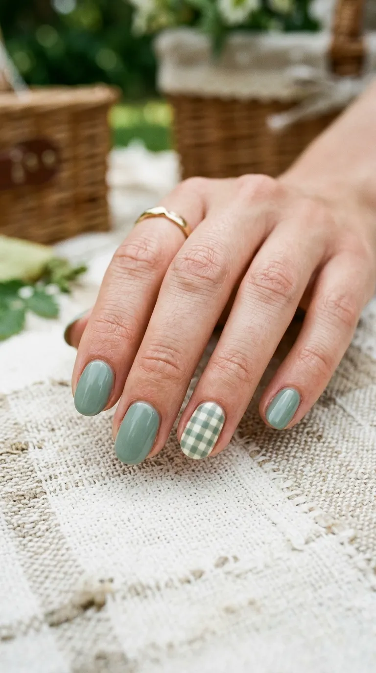 Cottagecore nails with a sage and cream gingham check pattern