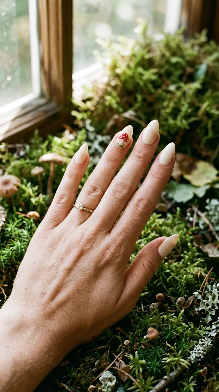 Cottagecore nails with mushroom-inspired styling against moss